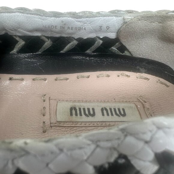 Rare Miu Miu Black & White Woven Leather Metal Cap Toe Slip On Sneakers Size 9 - Picture 12 of 14